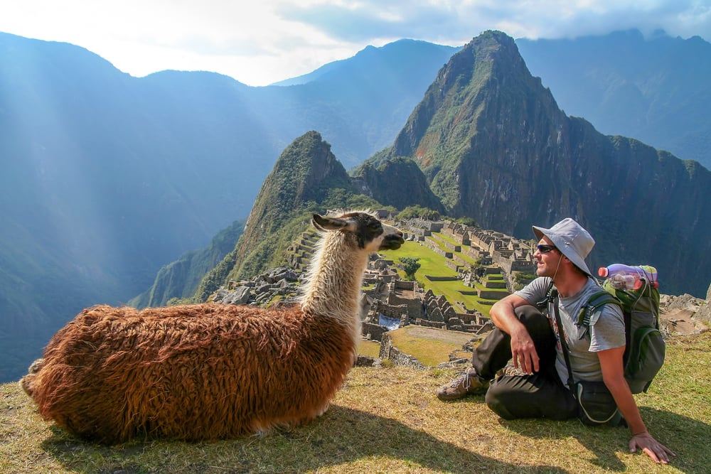 A tourist with a llama at Machu Picchu