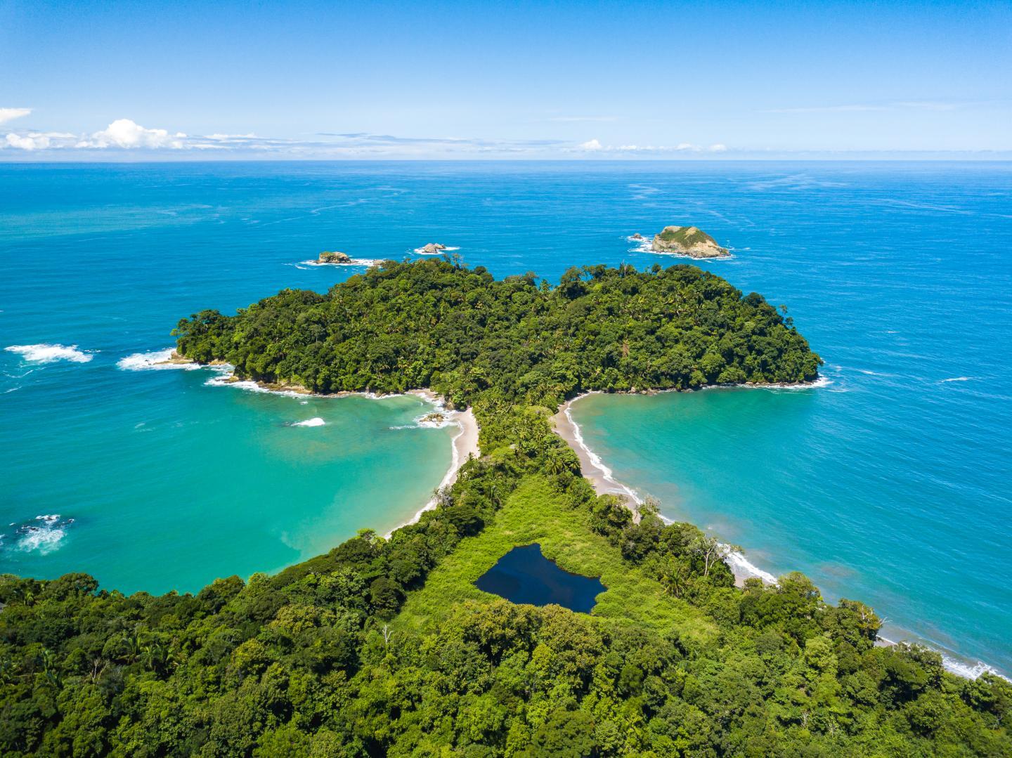 Aerial Drone view of Manuel Antonio National Park in Costa Rica.
