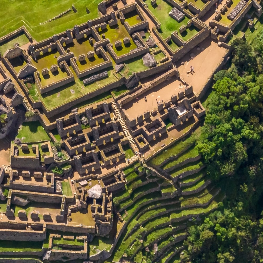Aerial view of the terraces at Machu Picchu
